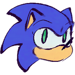 A digital drawing with somewhat rough lines of Sonic the Hedgehog’s face. His mouth is not visible and he is expressionless. Sonic is an anthropomorphic hedgehog with spiky blue spines, a tan muzzle, triangular ears, a black bean-shaped nose, and big eyes with green irises, and sclera that fuse in the middle.